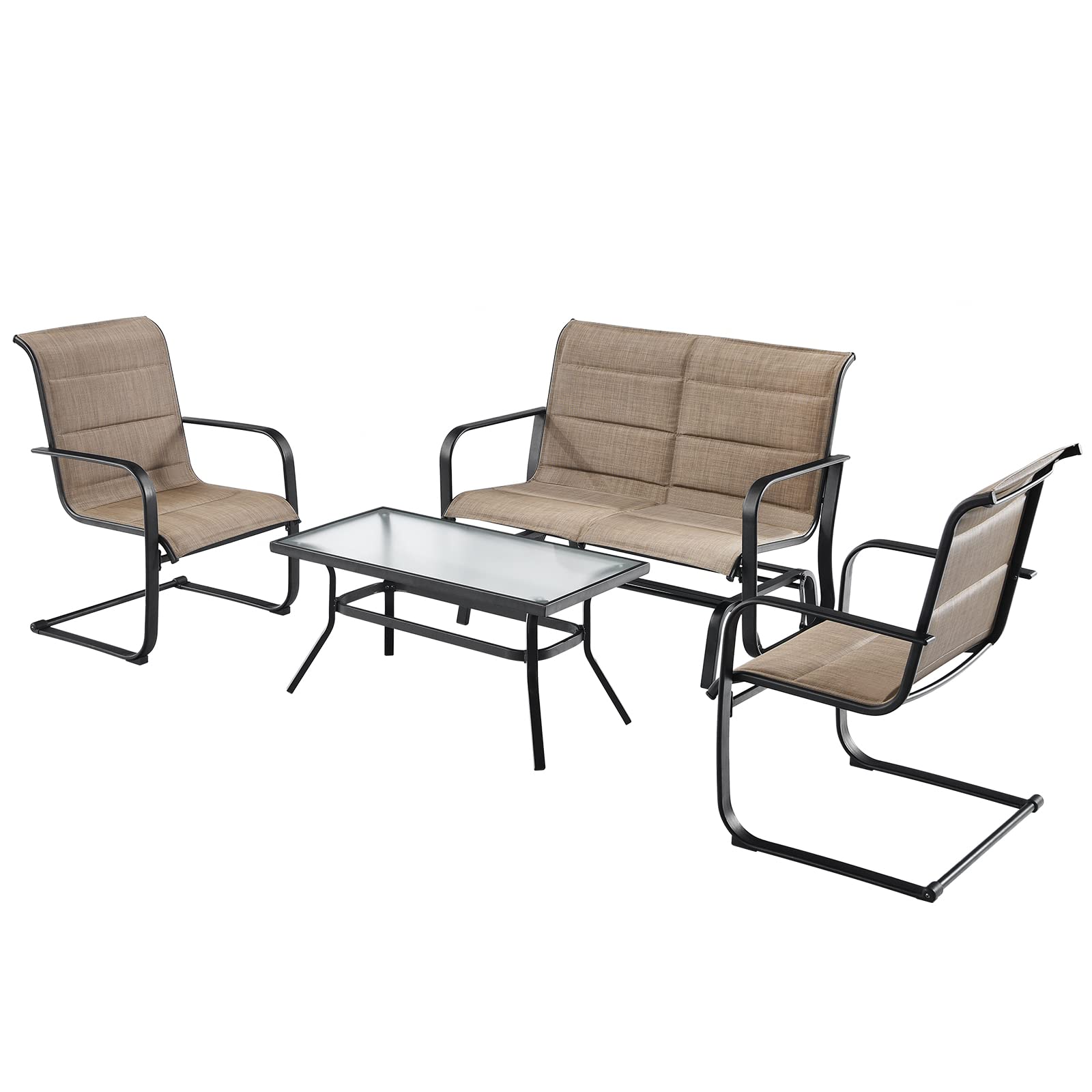 Ensemble de mobilier d'extérieur 4 pièces, table basse, causeuse balancelle 2 places et 2 chaises de salle à manger à ressorts (marron)